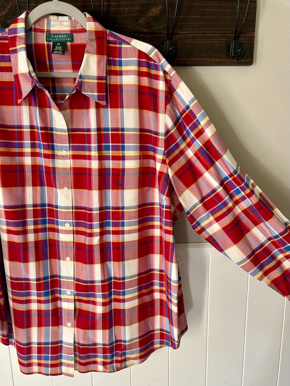 100% Silk Lauren Ralph Lauren Plus Size Red Plaid Button Down Shirt Monogram 3X